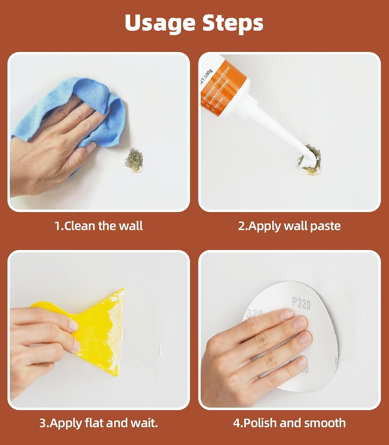 NINGOO Drywall Repair Kit,2 Pack Wall Repair Paste for Wall Holes & Cracks | 4 Wall Patches,2 Scraper,4 Sandpapers,Quick Drying,Apartment Friendly