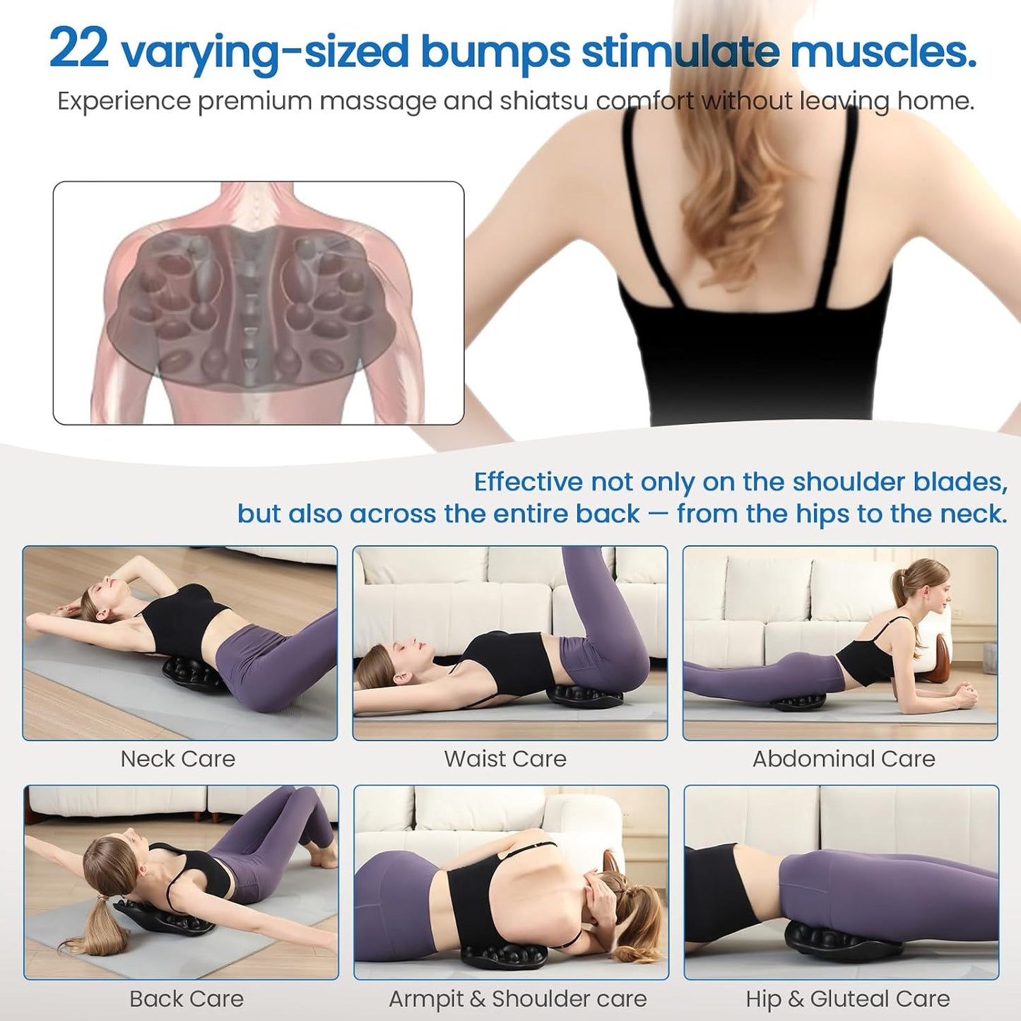Upper Back Stretcher with 22 Pressure Points for Shoulder Blades | Firm high-density foam trigger point massager for shoulder blades, trapezius and upper back; body-weight pressure control