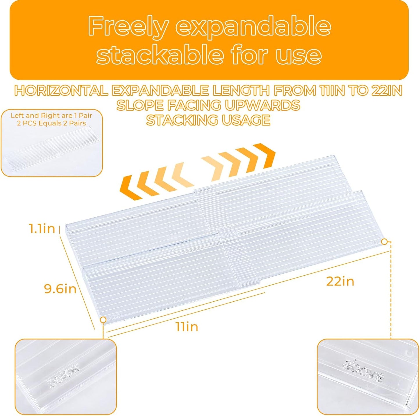 UFORU Acrylic Drawer Spice Organizer 4 Pack,Expandable 11‑22" Tray | Clear Tiered Spice Rack for Drawer,Seasoning Organizer,Hold Up to 24 Standard Spice Jars,No Assembly,Jars Not Included