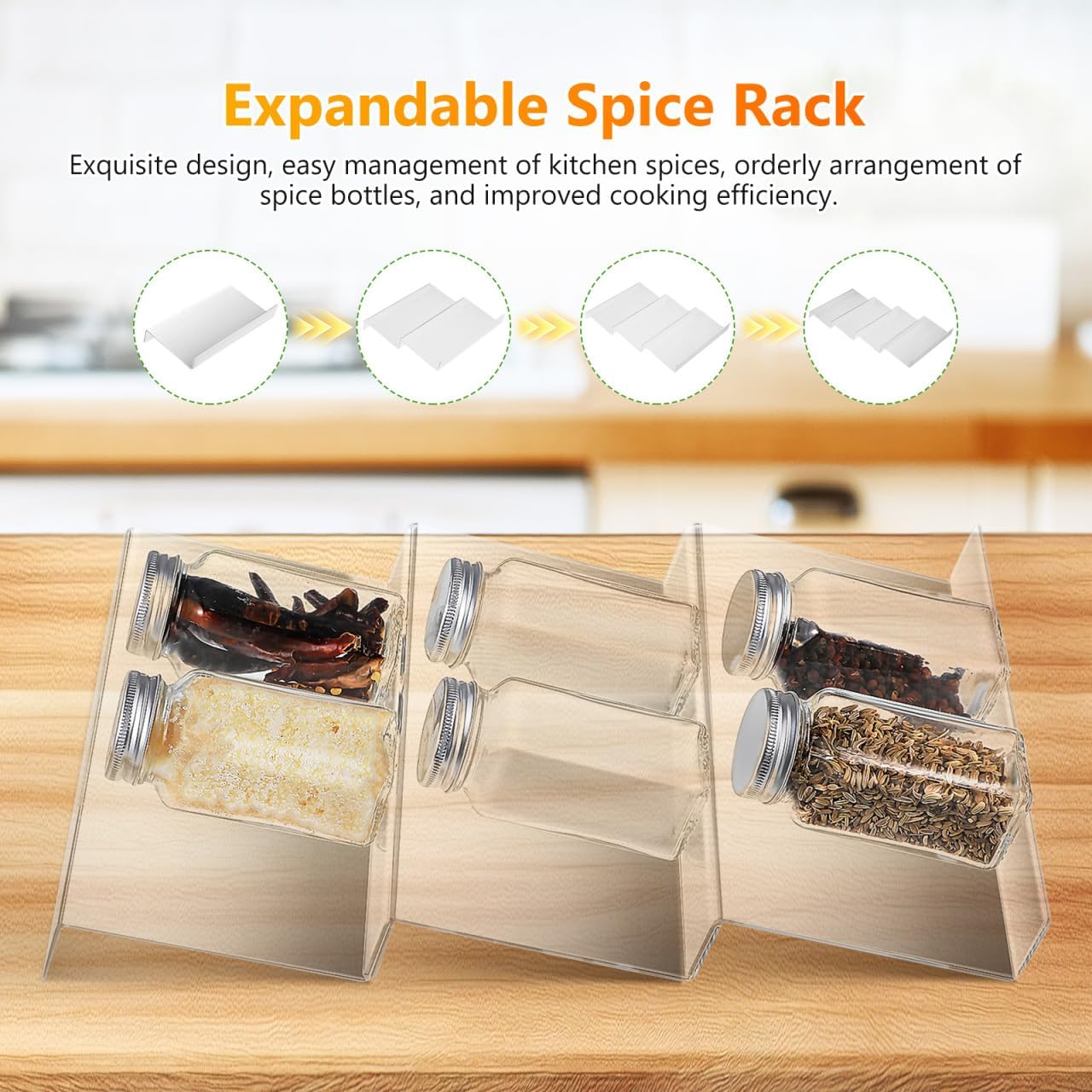 DECHOUS Spice Drawer Organizer: 4 Tier Expandable Clear Acrylic Spice Rack Organizer for Cabinet and Kitchen Drawer Insert - Seasoning Organizing Rack for Storage - 9" to 18" Adjustable