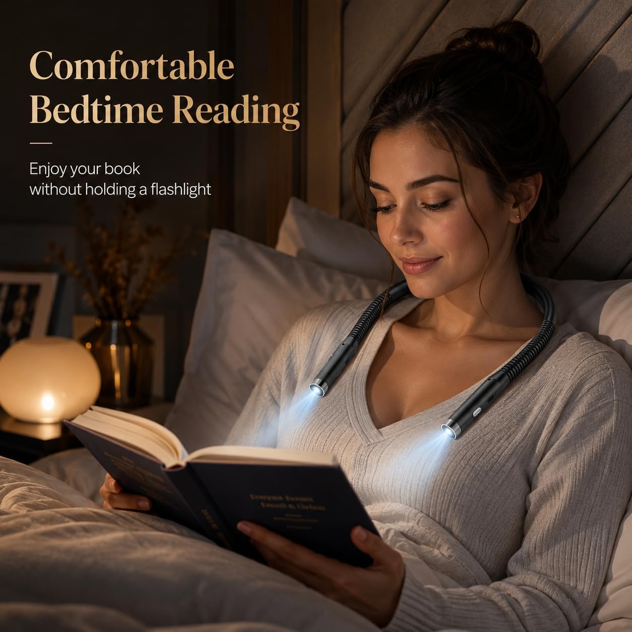 Neck Book Light, Black | Reading Lights for Books in Bed, 3-Level Brightness LED, Hands-Free, USB Rechargeable, Long-Lasting, For Reading