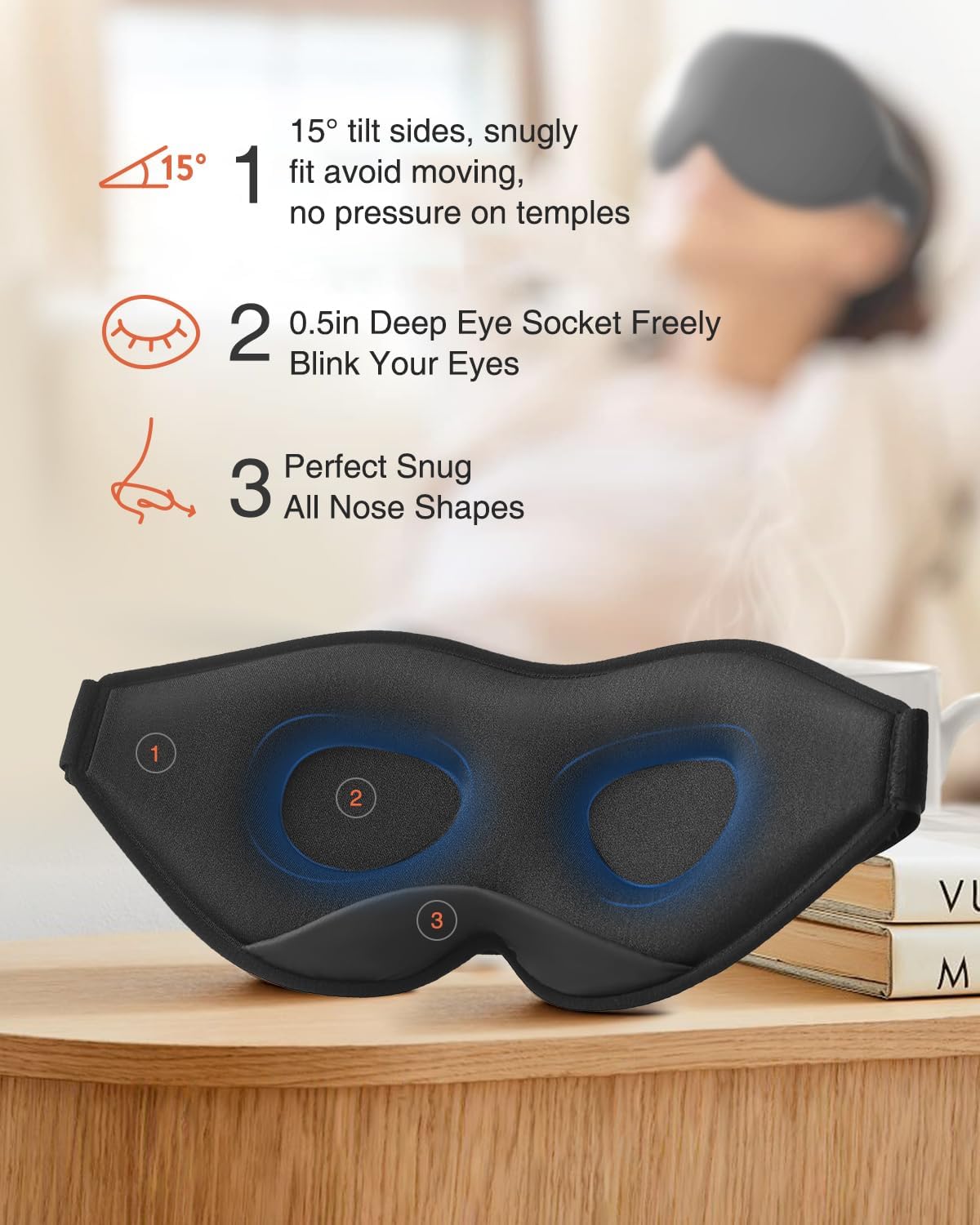 MABAO Sleep Mask for Side Sleeper, Eye Mask for Sleeping Women Men, Black | 3D Contoured Cup No Eye Pressure, 100% Light Blocking Sleeping Mask with Adjustable Strap Night Blindfold Flight, Travel, Nap