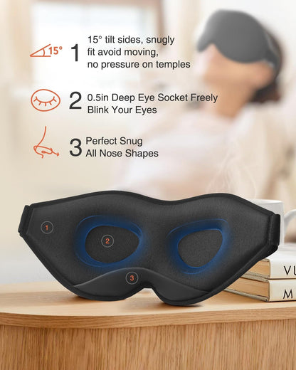 MABAO Sleep Mask for Side Sleeper, Eye Mask for Sleeping Women Men, Black | 3D Contoured Cup No Eye Pressure, 100% Light Blocking Sleeping Mask with Adjustable Strap Night Blindfold Flight, Travel, Nap
