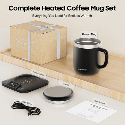 Smart Electric Heated Coffee Mug with Temperature Control, 5 Settings & Display, Auto Shut-Off, Fast Heating Warmer Set with Stainless Steel Coffee Mug (14oz-Black)
