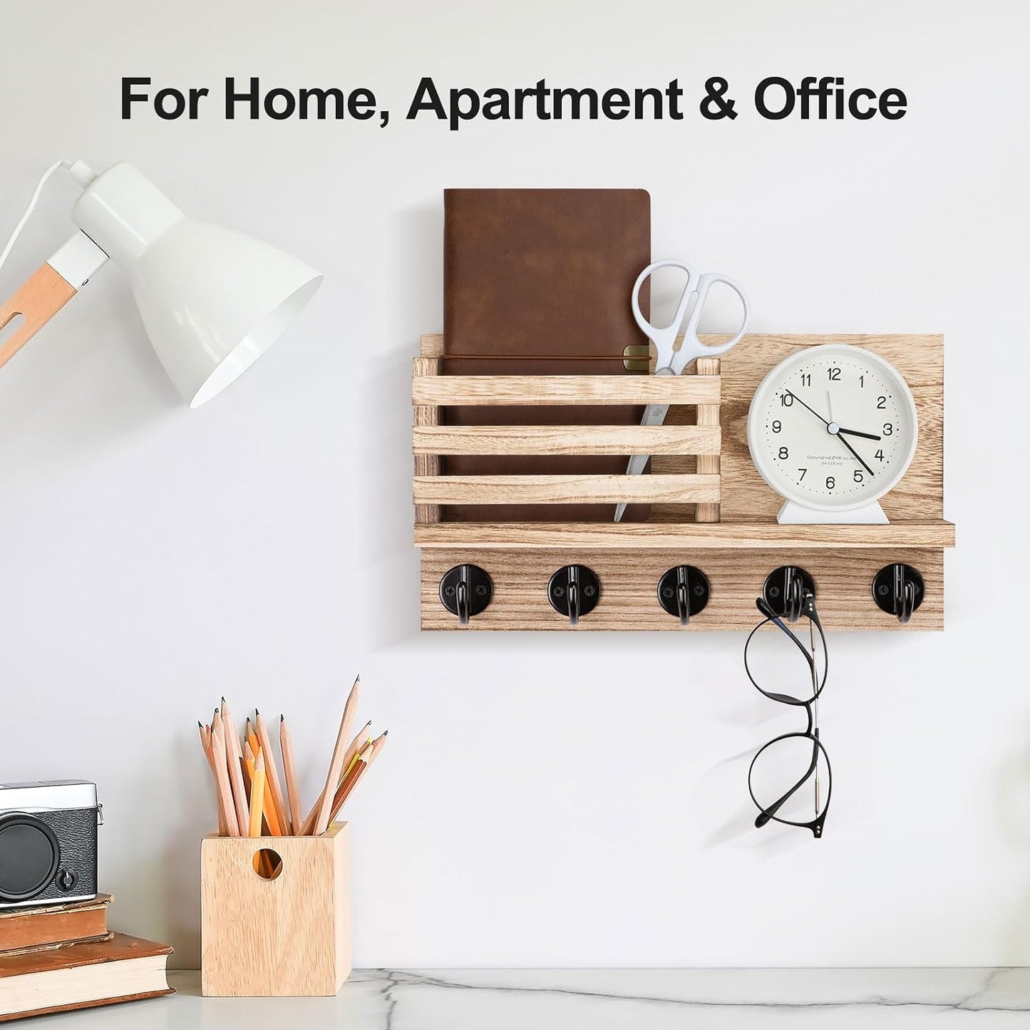 Lwenki Key Holder for Wall – Decorative Wooden Mail Holder and Key Shelf with Mounting Hardware, Installation Guide – Paulownia Wood with Metal Key Hooks (Black, Large - 11.8inch)