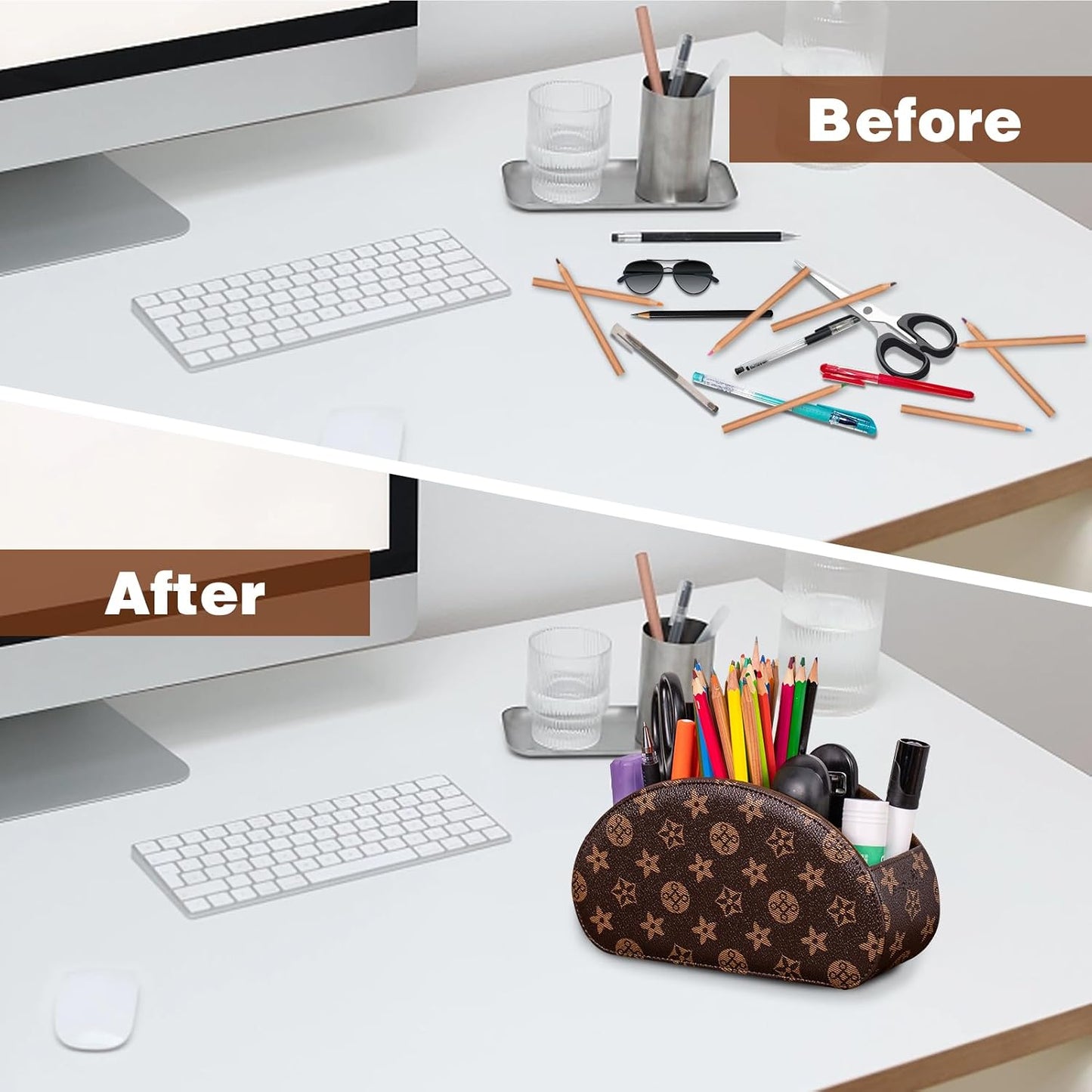 Remote Control Holders Organizer Box with 5 Compartment PU Leather Caddy | Multi-functional Office Desk Storage Caddy Store Tv Remote for Media Player,Brush,Pencil,Glassees&Office Supplies