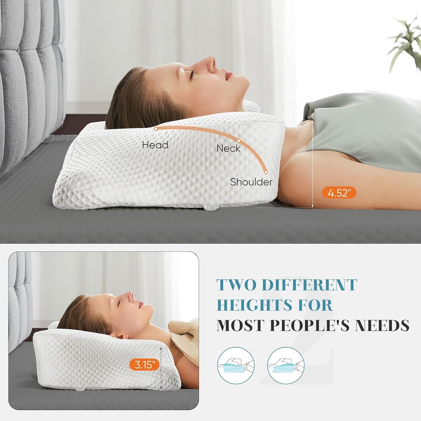 Sweetcrispy Cervical Pillow for Neck and Shoulder - Ergonomic Memory Foam Pillows, Contour Side Sleeper for Adults, Cooling Orthopedic Neck Support for Back Stomach Sleepers, White