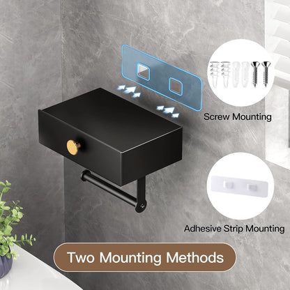 VOLDRA Toilet Paper Holder with Shelf Black Wipes Dispenser for Bathroom Toilet Paper Holder with Storage Upgrade Drawer Design Toilet Tissue Holder Adhesive Small Bathroom Shelf Wall Mount