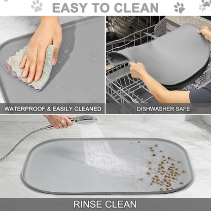 SMILOOL Waterproof Silicone Pet Food Mat with Raised Edge for Dog & Cat | 19" x 12" Non-Slip Pet Feeding Mats with Lip for Food & Water Bowl, Food Grade, Easy Cleaning, Black