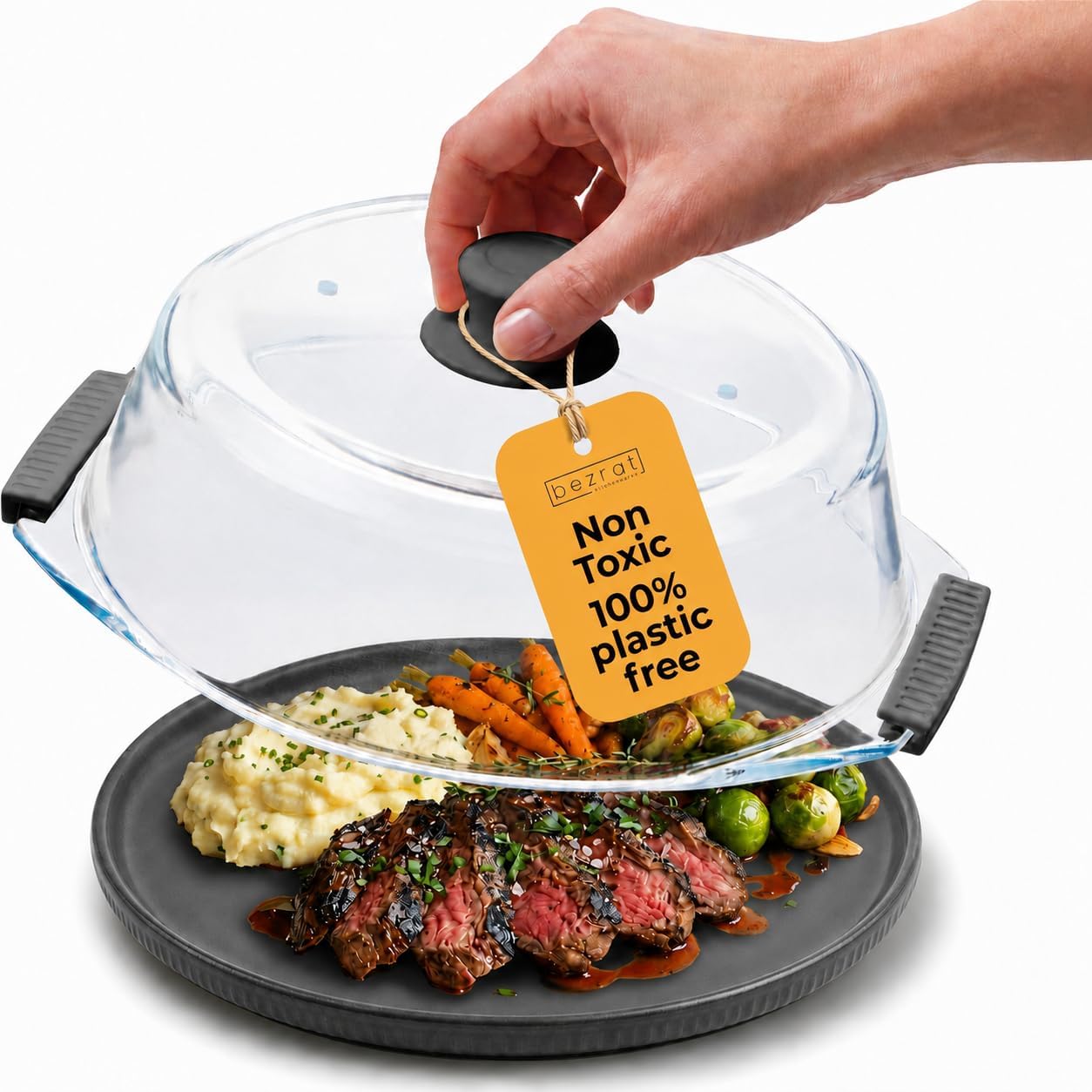 Bezrat Glass Microwave Cover with Silicone Knob and Handles, Splatter Guard Lid, BPA Free, Dishwasher Safe (Black)