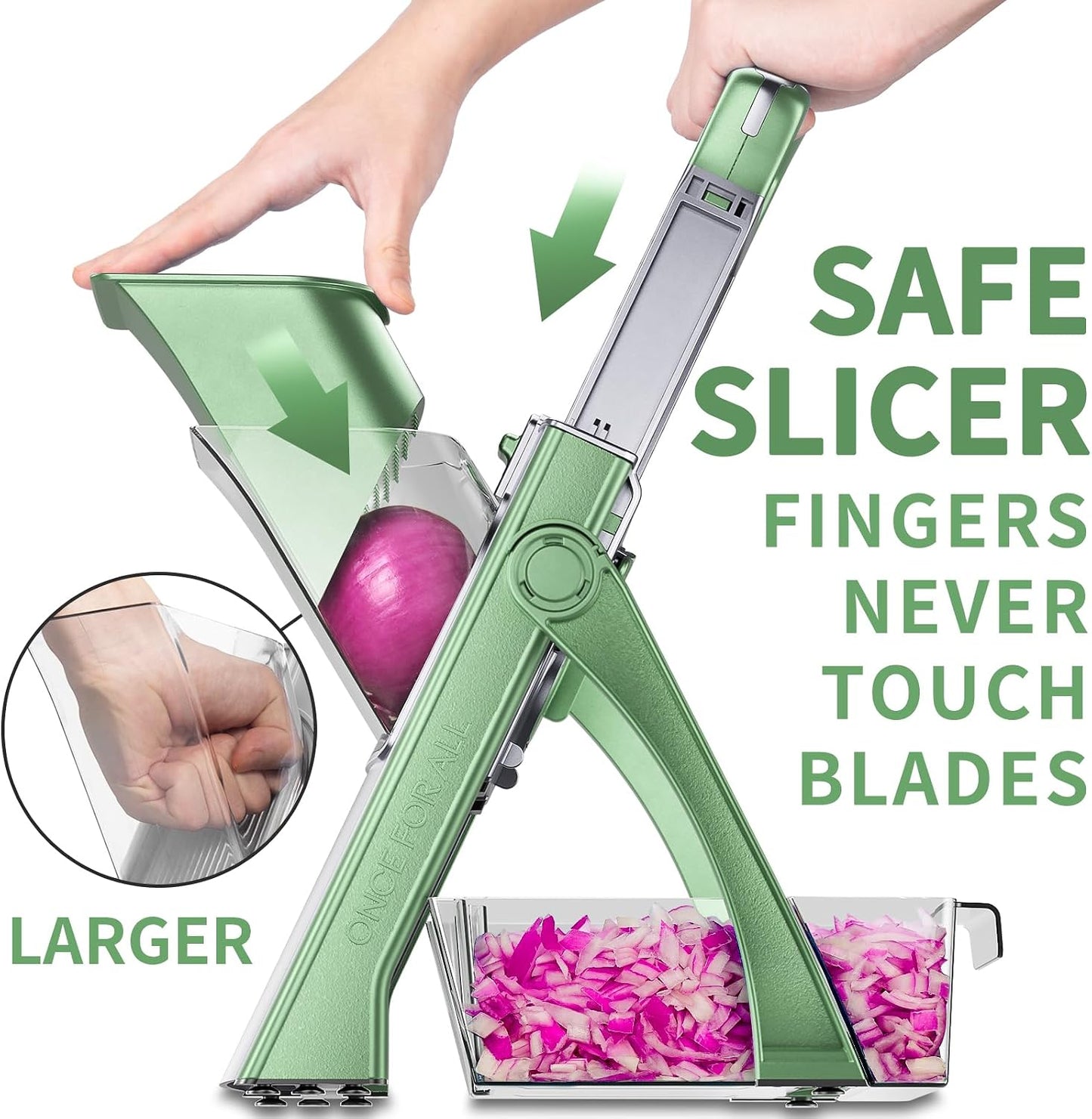 ONCE FOR ALL Safe Mandoline Slicer Plus, Bigger Size, Potato Slicer, Black | 0.1-8mm Adjustable Vegetable Food Chopper, Kitchen Mandoline Slicer Stainless Steel, Detachable Blade, Dishwasher-safe, Gift