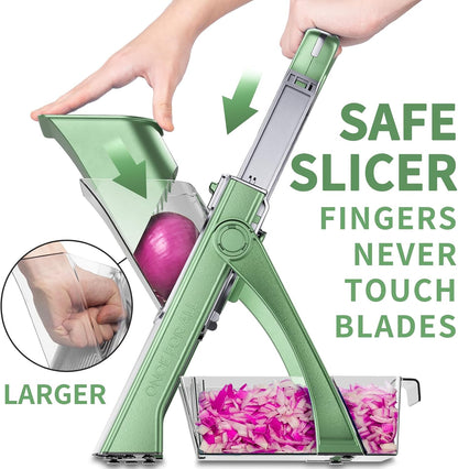 ONCE FOR ALL Safe Mandoline Slicer Plus, Bigger Size, Potato Slicer, Black | 0.1-8mm Adjustable Vegetable Food Chopper, Kitchen Mandoline Slicer Stainless Steel, Detachable Blade, Dishwasher-safe, Gift