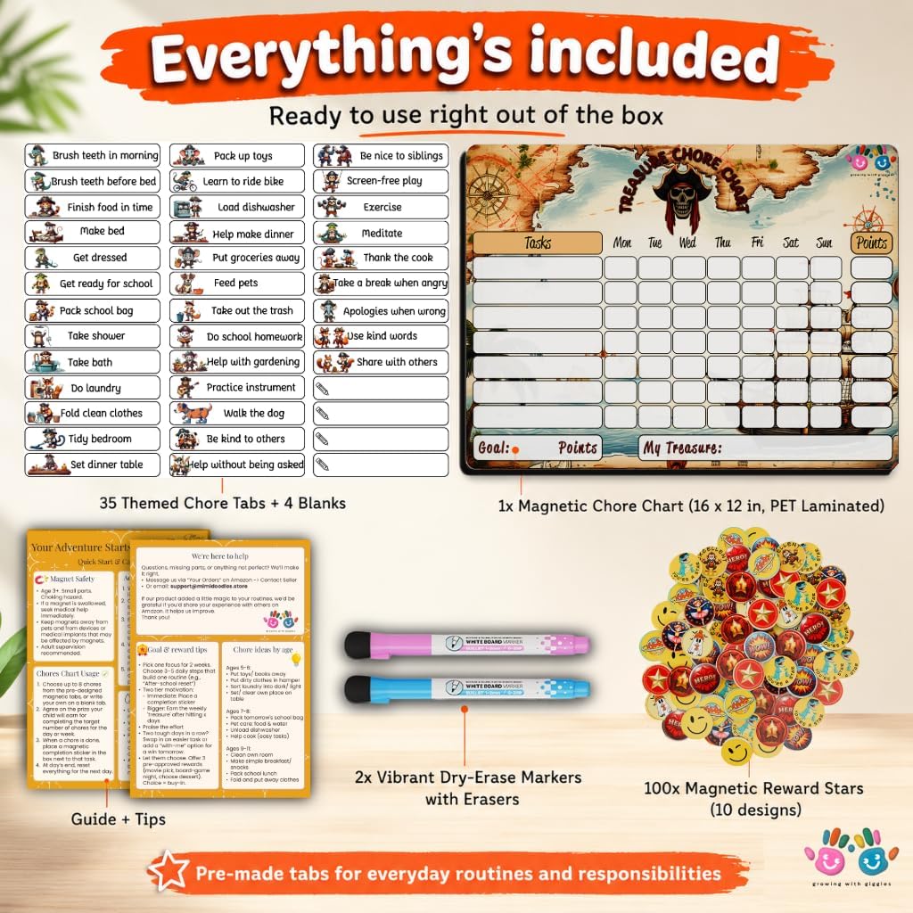 Mimi Doodle Magnetic Chore Chart for Kids – 16x12 Dry Erase Daily Responsibility Board for Fridge with 39 Chore tabs, 100 Reward Stickers – Behavior Chart for Kids at Home – Simple Theme