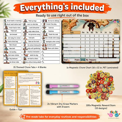 Mimi Doodle Magnetic Chore Chart for Kids – 16x12 Dry Erase Daily Responsibility Board for Fridge with 39 Chore tabs, 100 Reward Stickers – Behavior Chart for Kids at Home – Simple Theme