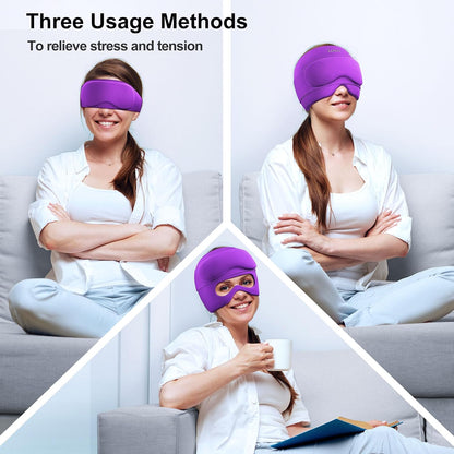 2 in 1 Migraine Relief Cap with Gel Eye Mask, Headache Relief Cap Ice Head Wrap Hot and Cold Therapy Hat Gift for Women for Headache Puffy Eyes Sinus and Tension Stress Relief (Light Purple)