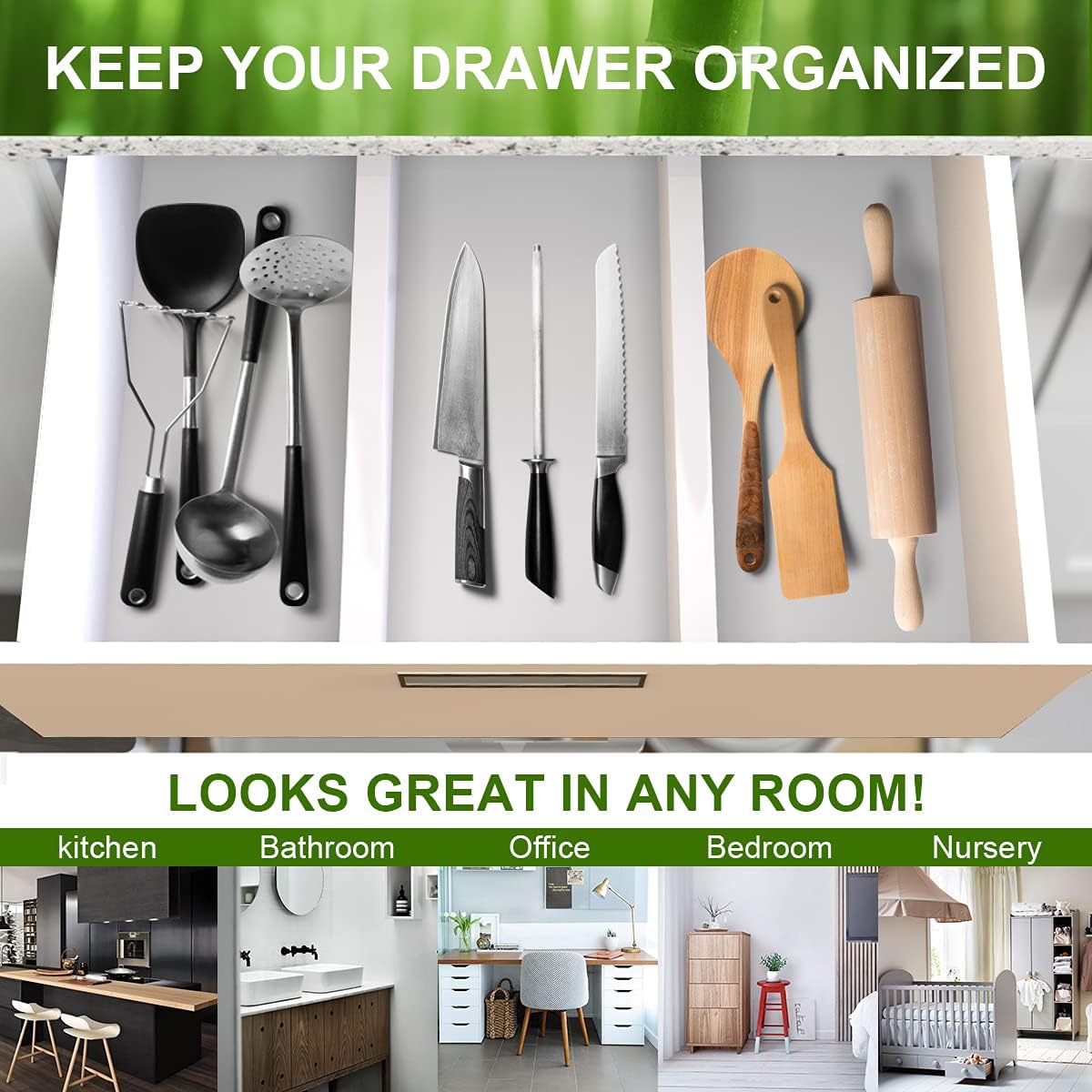 Bamboo Drawer Dividers Organizers, Drawer Separators Splitter,17-22 inches Long Adjustable Spring-loaded Organizer for Large Utensil, Clothes, Tools Drawers(yellow)