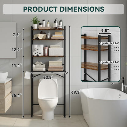 GloTika 3-Tier Over Toilet Storage, Anti-Tilt, 64" H, Black | Anti-Tilt Safety System, 150lb Capacity, Carbon Steel, Freestanding, No Drilling, Anti-Rust Coating, Paper Holder & 4 Hooks