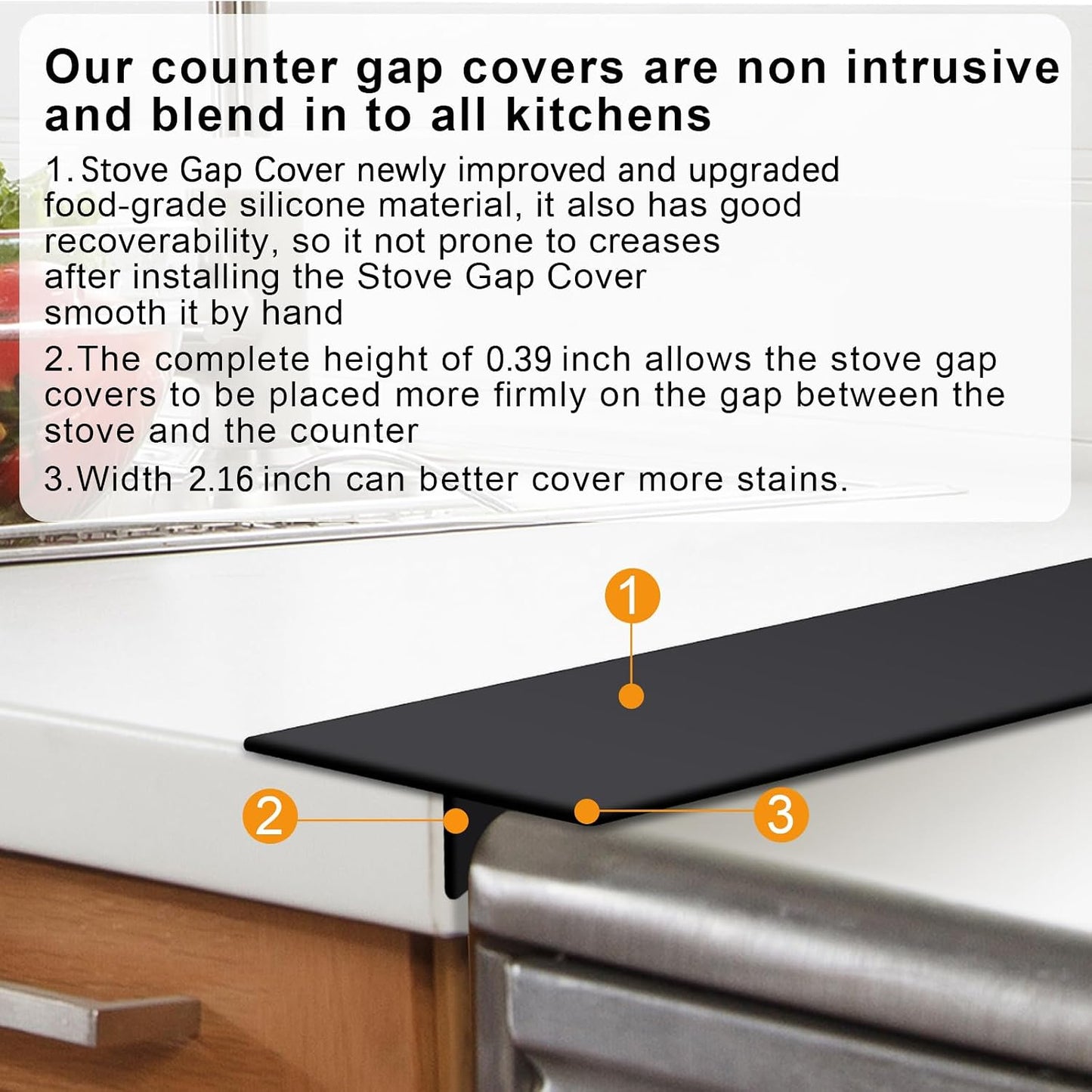 Silicone Stove Gap Covers Strips for Kitchen Stove Top Guard Easy Clean Heat Resistant Filler Counter Washer & Dryer Between 2 Pcs 21 Inch Black