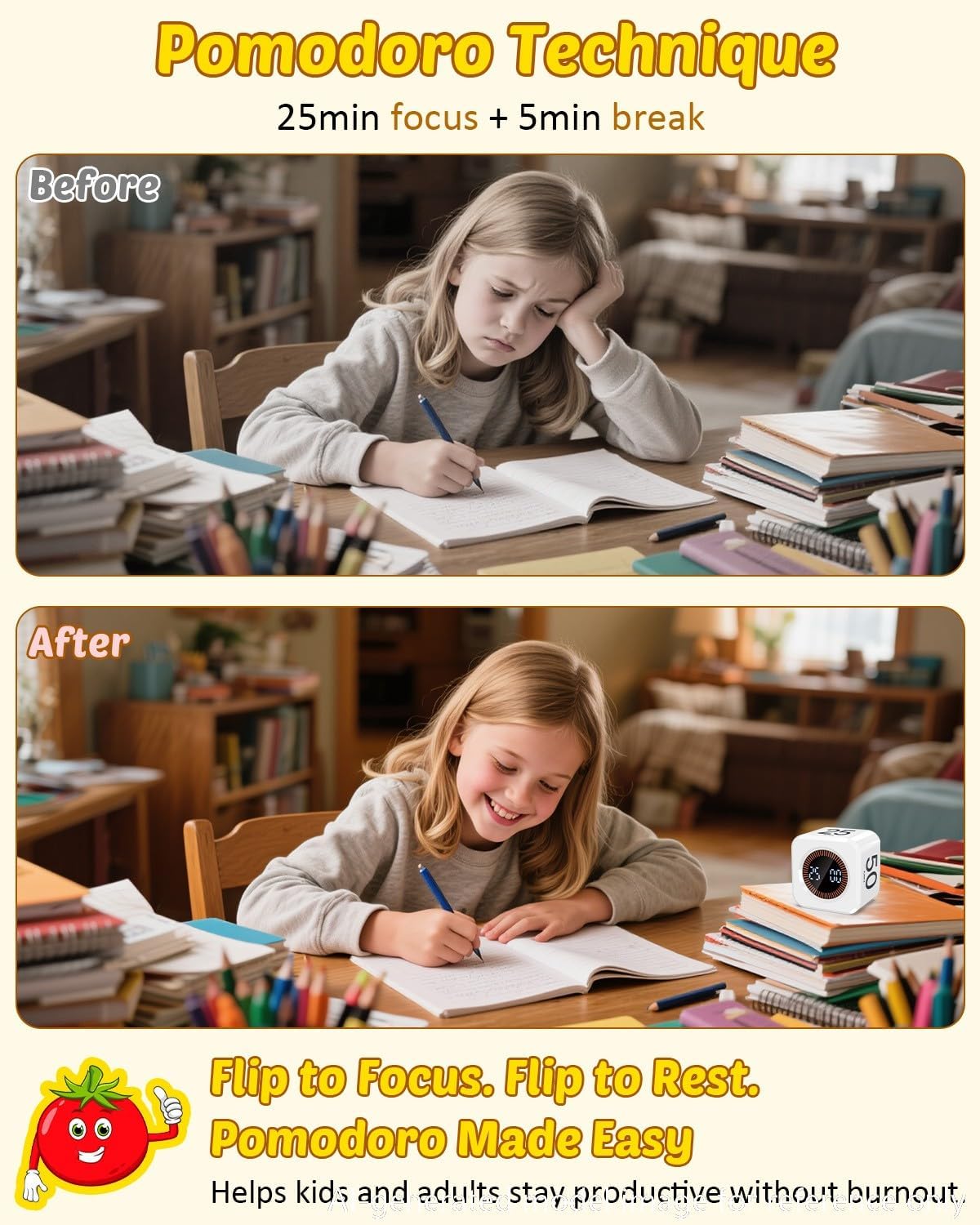 Digital Pomodoro Timer Cube 5/10/25/50min Preset, Silent & Sound Alarm | Visual Productivity Flip Timer for Kids Classroom Desk, Custom Countdown, Gravity Sensor, for ADHD Study Work Game Kitchen