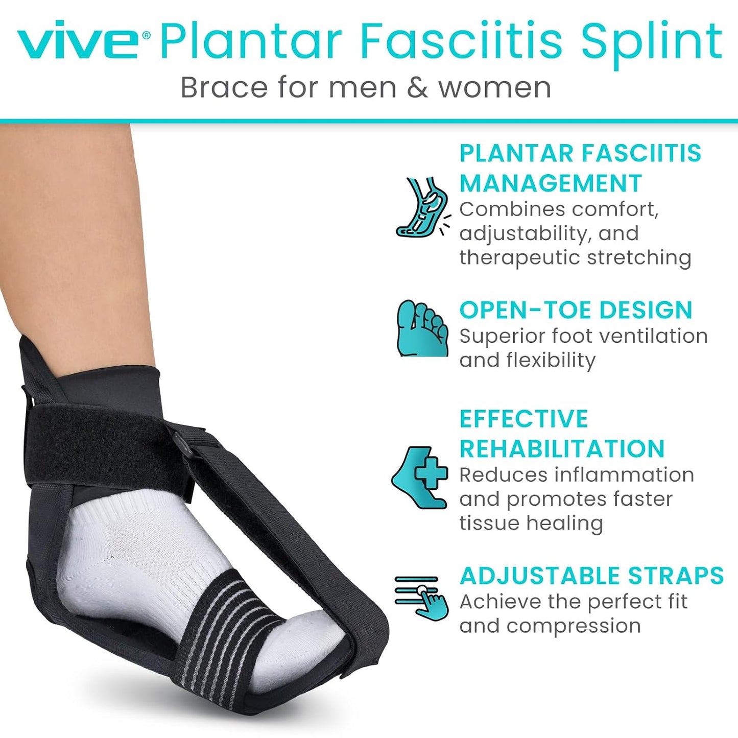 Vive Plantar Fasciitis Stretcher - Foot & Calf Stretcher for Men & Women | Achilles Tendonitis Brace Sling for Pain Relief - Dorsiflexion Therapy, Adjustable - Lightweight Arch & Heel Support