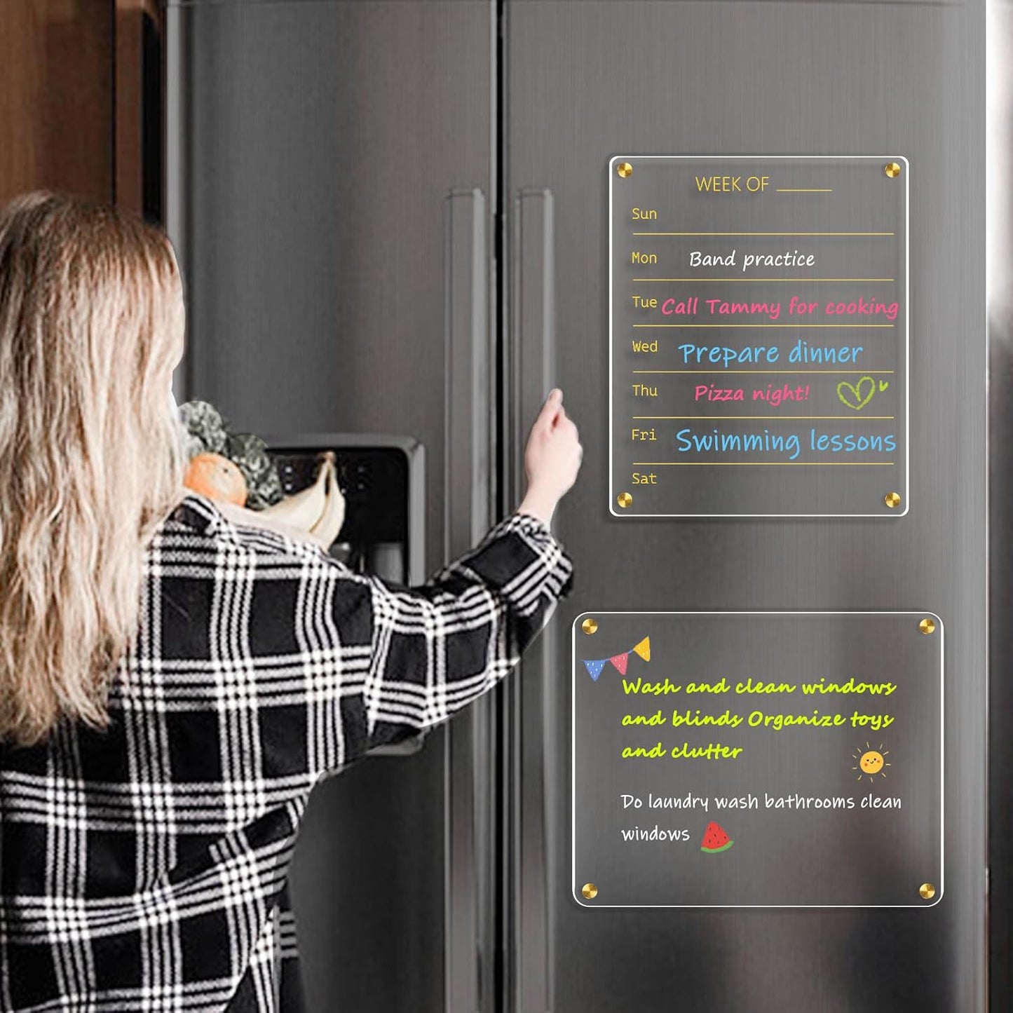 Acrylic Calendar for Fridge, Monthly Clear Acrylic Magnetic Dry Erase Board for Refrigerator, Set of 2 Stronger-Magnetic Reusable Fridge Planner, Includes 6 Liquid Chalk Markers