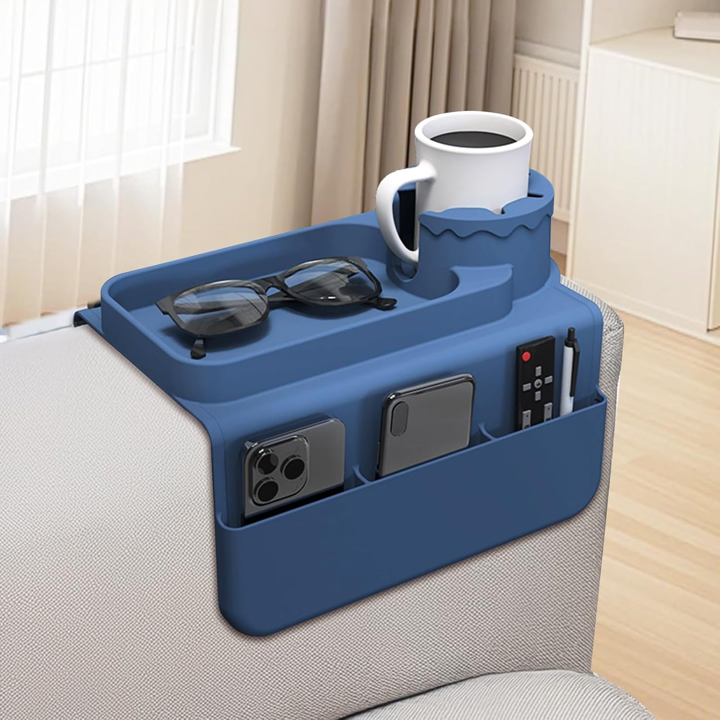 Couch Cup Holder Tray, Silicone Sofa Armrest organizer with Side Pockets for Storage Remotes, Cell-phone,Tablet or Snack, Anti-Spill and Anti-Slip Sofa Arm Tray for Recliner, Armchair Caddy (Blue)
