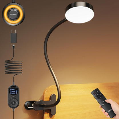 Glocusent 72 LED Desk Lamp, Bed Lamp with Amber Ring& Amber Mode | 3 Colors & 5 Brightness, 2.75" Clamp & 30Min Timer, USB Powered with Remote, Clamp Light for Headboard/Dorm/Bunk/Work/Craft