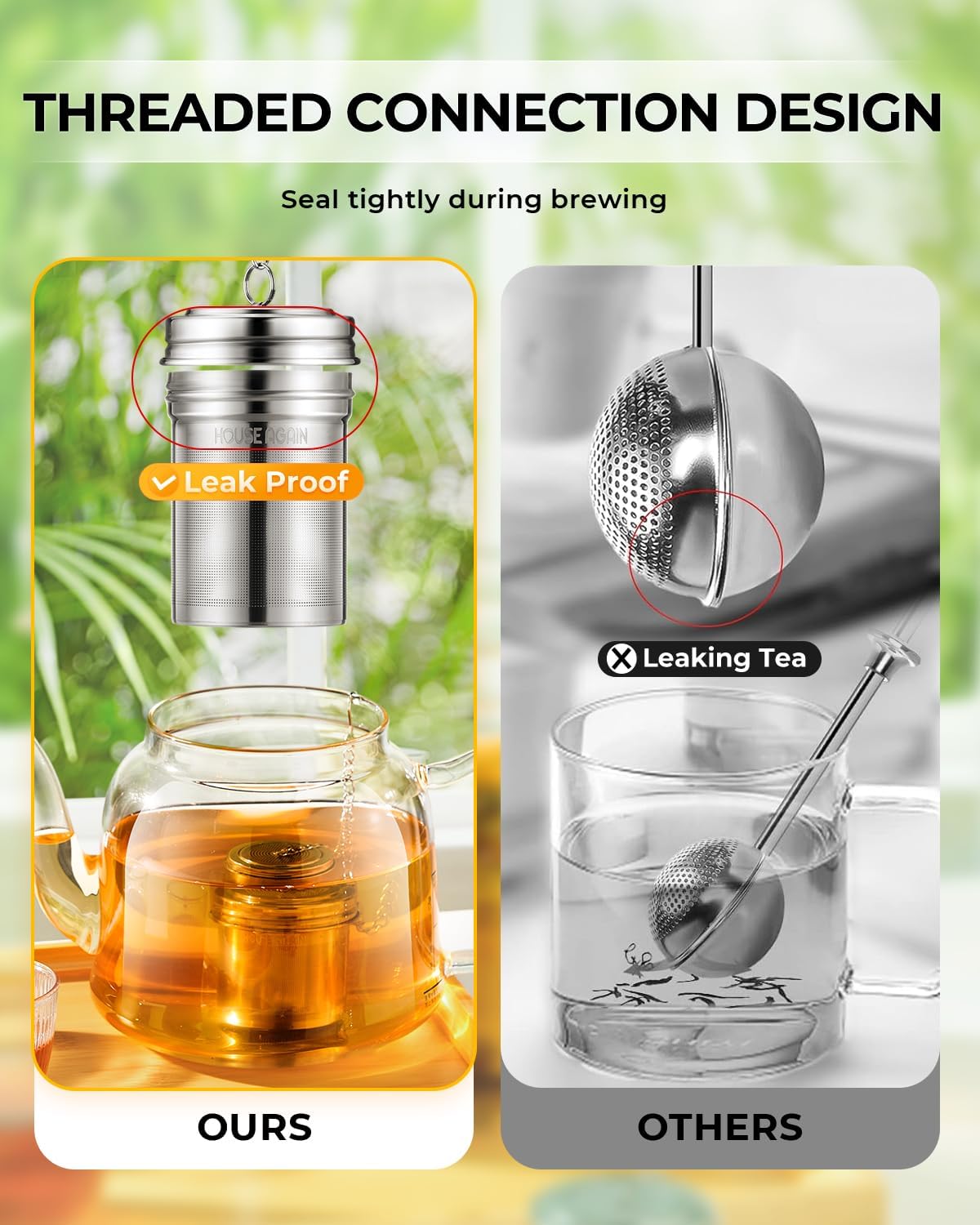 House Again Tea Infusers, Extra Fine Mesh Tea Strainers for Loose Tea, Updated Slim Threaded Lid & 304 Stainless Steel, Filter Bags Diffusers, Loose Leaf Tea Steeper for Brew Tea Spices & Seasonings