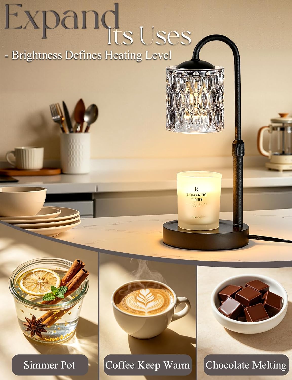 Briever Dimmable Candle Warmer Lamp with Timer, Height Adjustable Electric Candle Wax Warmer, Christmas Birthday Gifts for Women Mom, House Warming Gifts New Home Room Decor, Black Solid Wood Base