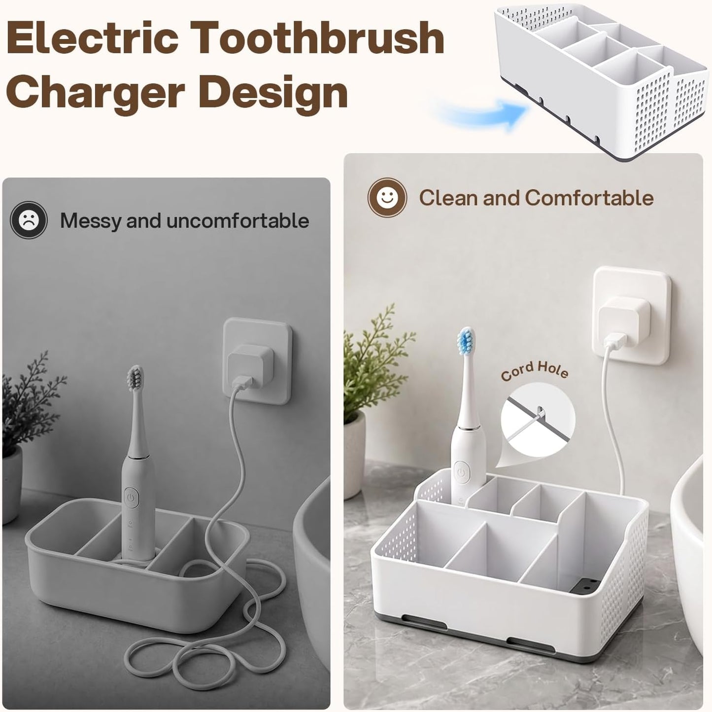 Cleangor Countertop Bathroom Organizer, Toothbrush Holder with Drainage | Vents, Cord Hole for Multi-grid Electric Toothbrush Charger, Family Bathroom Use