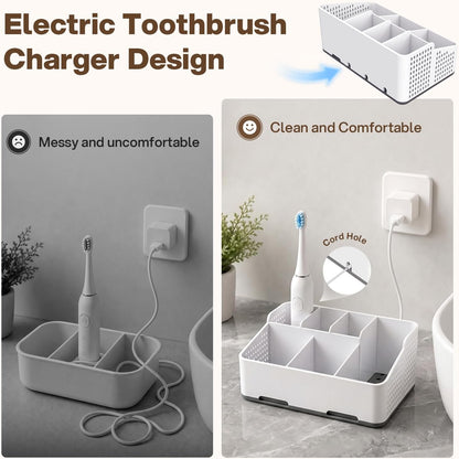 Cleangor Countertop Bathroom Organizer, Toothbrush Holder with Drainage | Vents, Cord Hole for Multi-grid Electric Toothbrush Charger, Family Bathroom Use