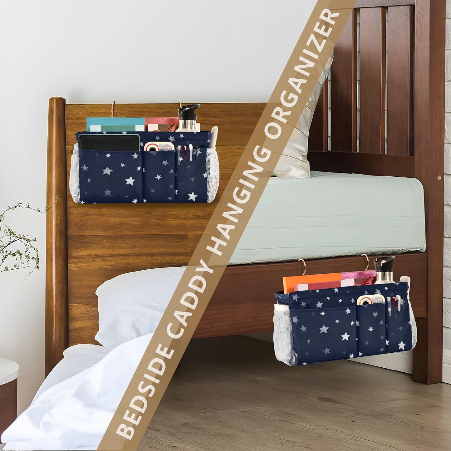 Bedside Caddy Hanging Bunk Bed Caddy Bed Organizer Hanging Pocket with 2 Hooks Bedside Storage Organizer Pocket Bag Holder Checkered Light Green - Colors B