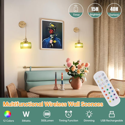 Shenmoyl Battery Operated Wall Sconce with Green Striped Shade Pattern Glass Adjustable Chain Retro Gold Wall Mounted Light, Modern Wall Lamp Fixtures Decor for Bedside Bedroom Indoor Doorway