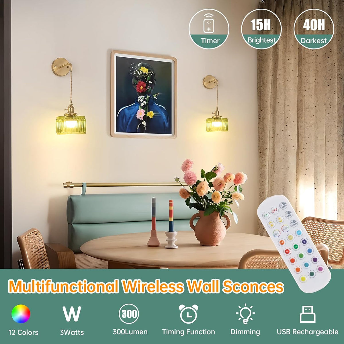 Shenmoyl Battery Operated Wall Sconce with Green Striped Shade Pattern Glass Adjustable Chain Retro Gold Wall Mounted Light, Modern Wall Lamp Fixtures Decor for Bedside Bedroom Indoor Doorway