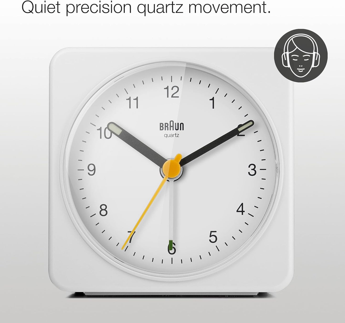 Braun Classic Analogue Alarm Clock with Snooze and Light, Quiet Quartz Sweeping Movement, Crescendo Beep Alarm in White, Model BC03W.