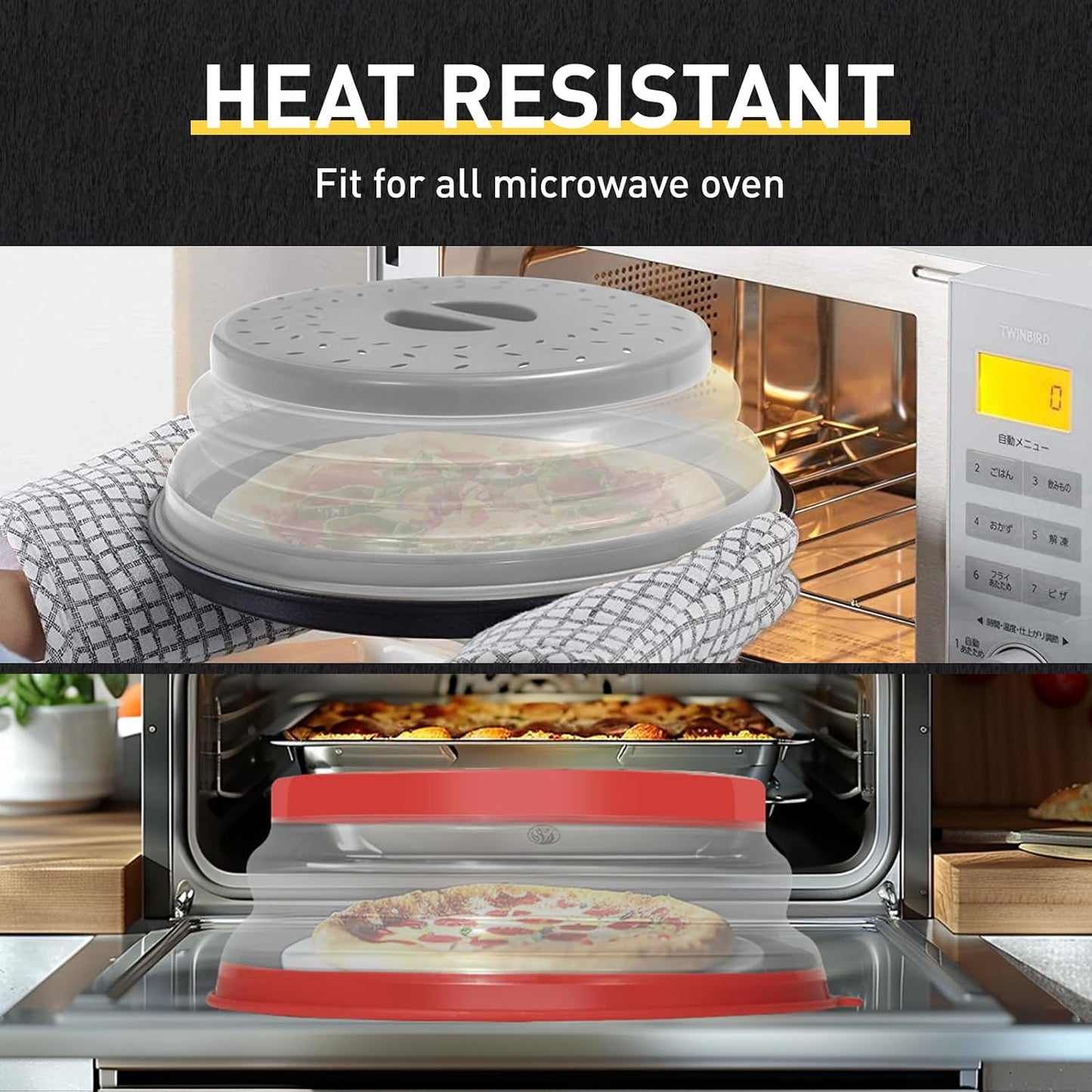 2 Pack Collapsible Microwave Splatter Cover, Red & Grey | Vented Microwave Splatter Guard Food Cover with Hook Hole, Vegetable Fruit Colander Multi-function Kitchen Gadget