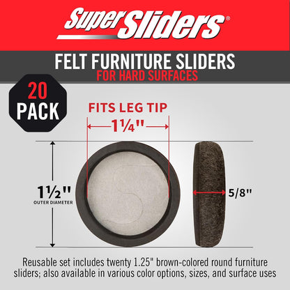 Super Sliders Secure Grip Formed Felt Movers for Furniture to Protect Hard Surfaces, 1.5", Walnut Brown (4 Pack)