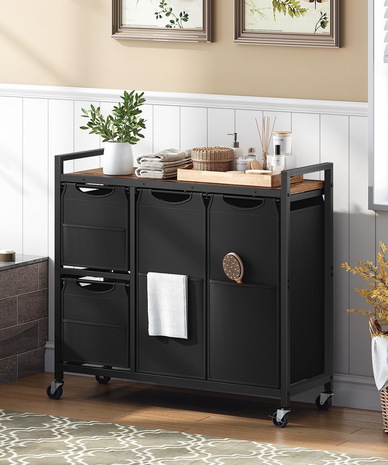 HOOBRO Laundry Sorter with 4 Section, 39 Gal. (147 L) Laundry Hamper with Wheels, Rolling Laundry Basket with Shelf, Pull-Out Detachable Bags, Side Pockets, Rustic Brown, Black and Beige BFE14XY01N1