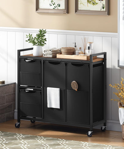 HOOBRO Laundry Sorter with 4 Section, 39 Gal. (147 L) Laundry Hamper with Wheels, Rolling Laundry Basket with Shelf, Pull-Out Detachable Bags, Side Pockets, Rustic Brown, Black and Beige BFE14XY01N1