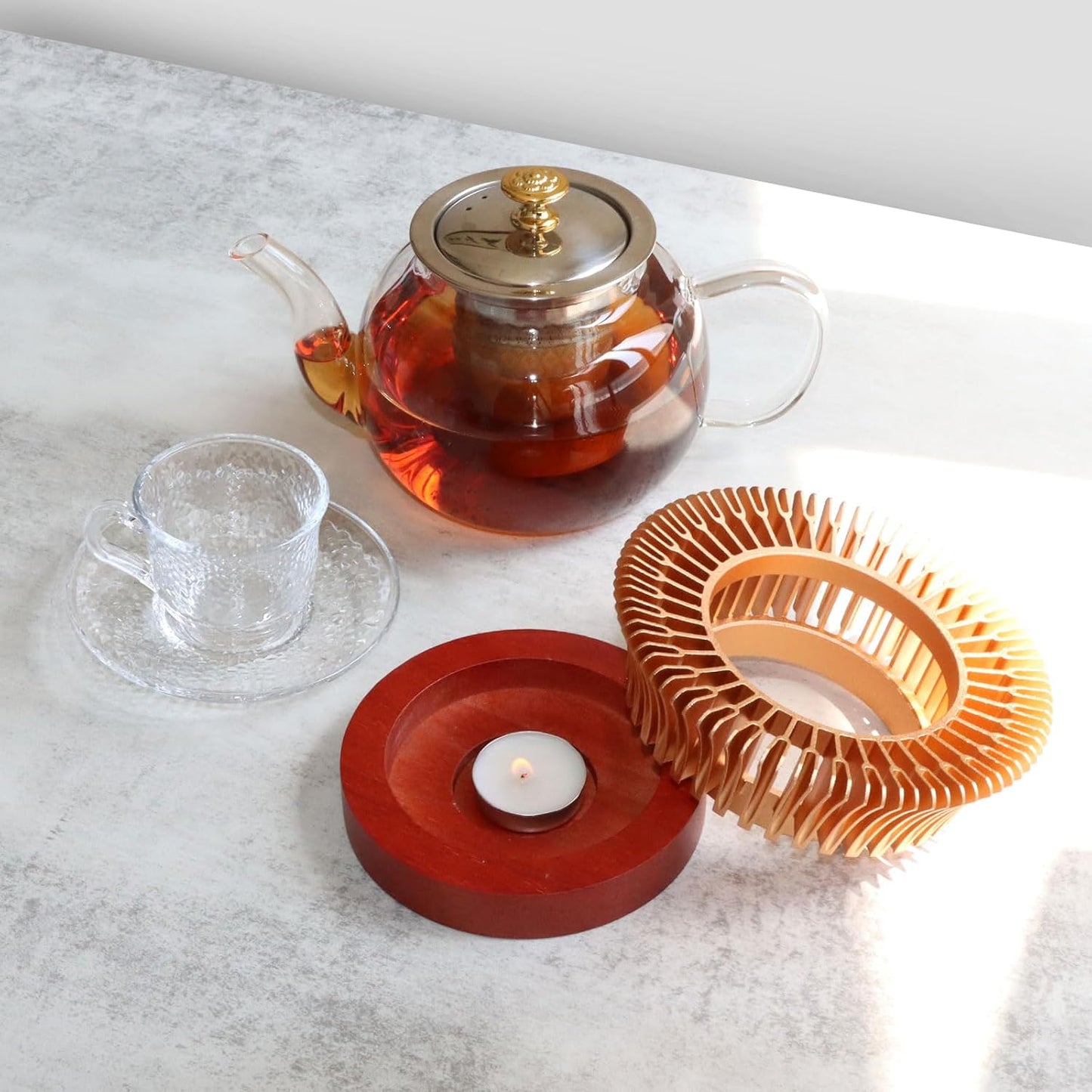 Tea Warmer, Aluminum Alloy & Wood, for Heating Tea Coffee Milk | Magnolia Flower Design, Golden, Short Teapot Warmer for Indoor & Outdoor
