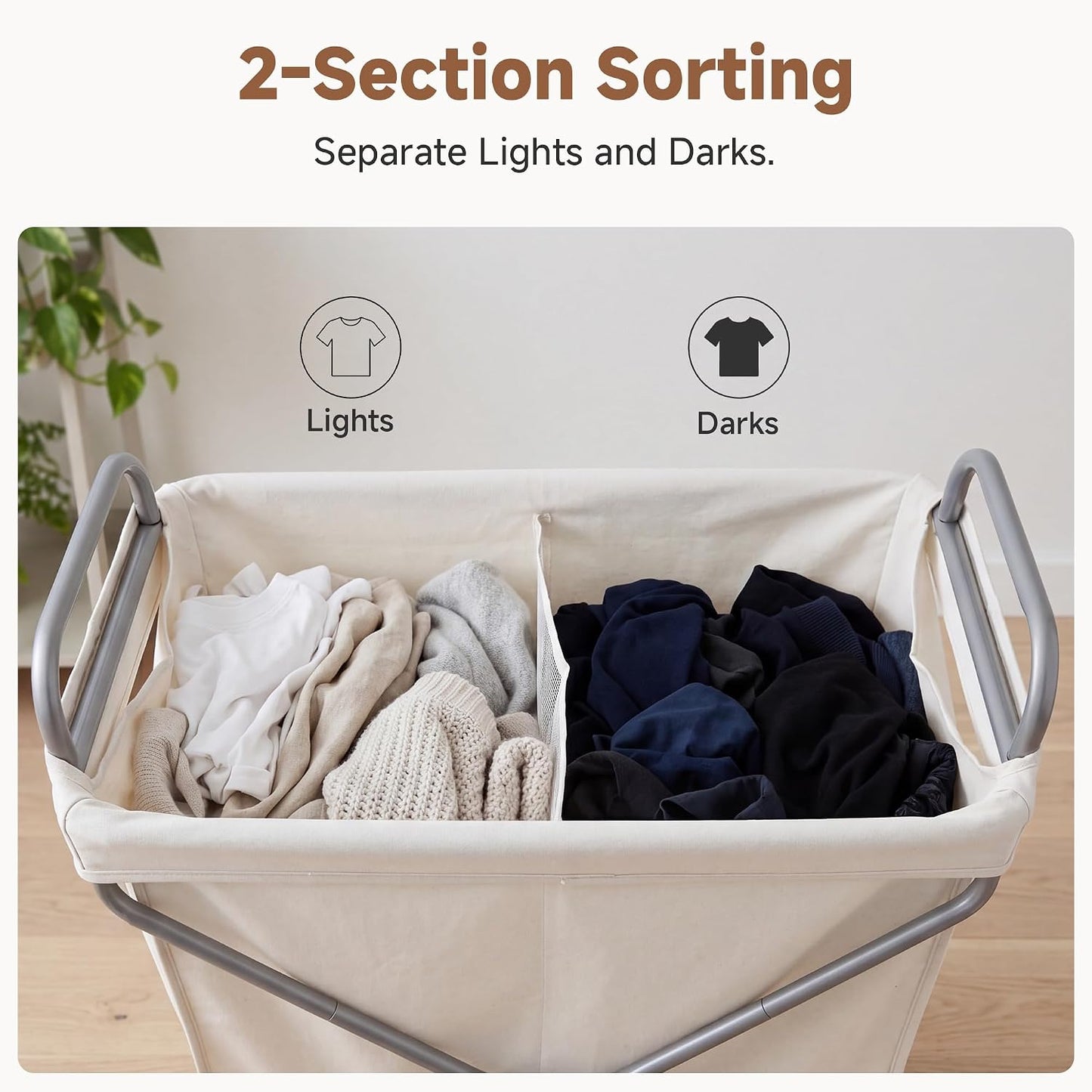 StorageWorks 2 Section Laundry Sorter with Wheels, 160L Beige Hamper Basket | Beige Divided Hamper, Rolling Organizer for Bedroom, Bathroom, College, Apartment
