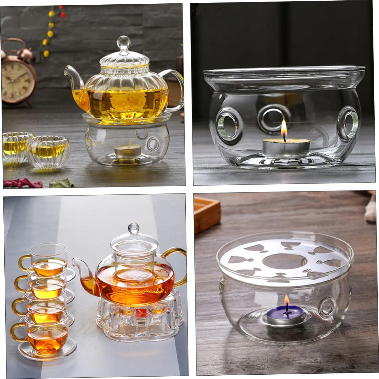 2pcs Glass Teapot Warmer High Borosilicate Tea Heating Pot Stands Without Candle for Home Office Tea House Coffee Shop Decor