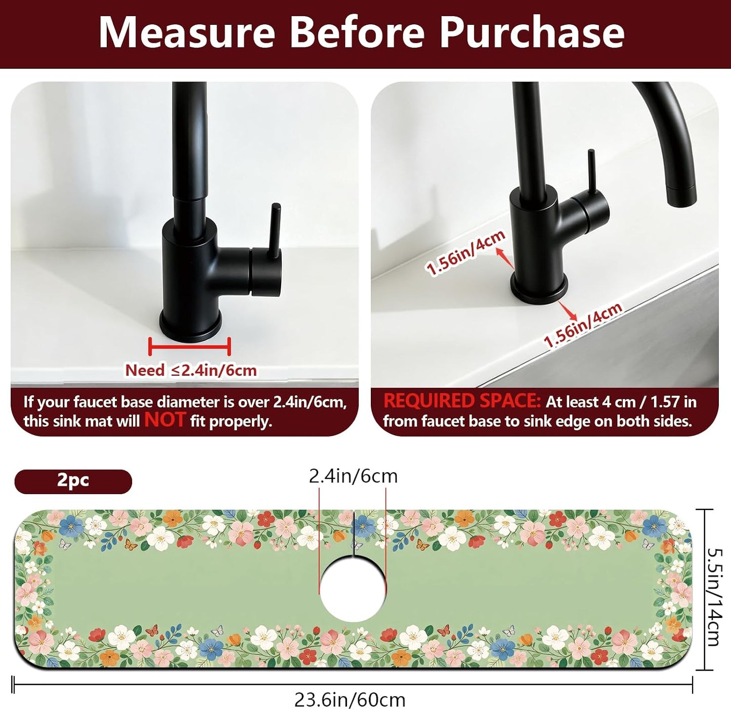 2 Pcs Kitchen Sink Splash Guard Faucet Mat Wood Grain Pattern Faucet Mat for Sinks Natural Wood Color Absorbing Drying Mats for Kitchen Bathroom, 23.6x5.5inch