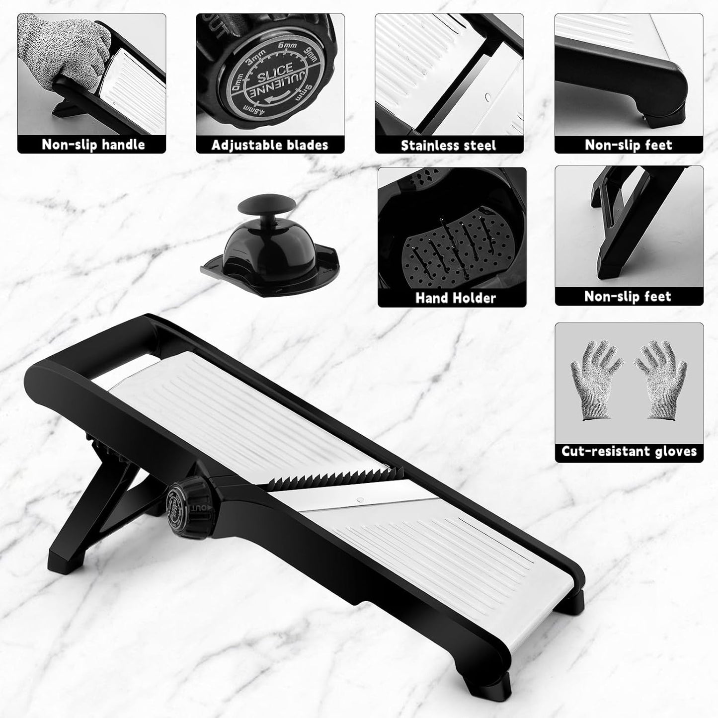 Weltonhm Mandoline Slicer for Kitchen, Mandolin and Julienne for Vegetables | Stainless Steel Mandoline Slicer for Onion, Cucumber, Cabbage, Potato and Carrot Vegetable Slicer with Cut-Resistant Gloves