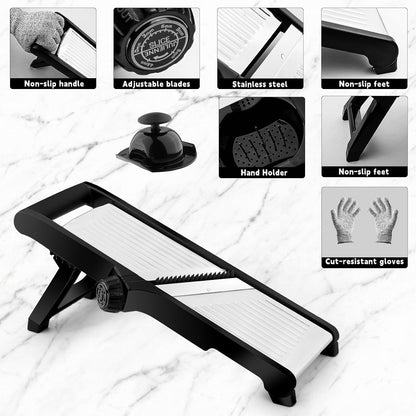 Weltonhm Mandoline Slicer for Kitchen, Mandolin and Julienne for Vegetables | Stainless Steel Mandoline Slicer for Onion, Cucumber, Cabbage, Potato and Carrot Vegetable Slicer with Cut-Resistant Gloves