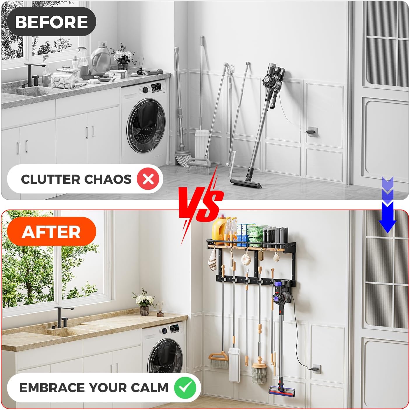 Broom Holder Wall Mount with Shelf, Black, L | 3 in 1 Broom and Mop Organizer, Wall Hanging, For Laundry, Garage, Utility, Vacuum Stand Alternative