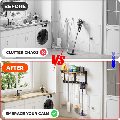 Broom Holder Wall Mount with Shelf, Black, L | 3 in 1 Broom and Mop Organizer, Wall Hanging, For Laundry, Garage, Utility, Vacuum Stand Alternative
