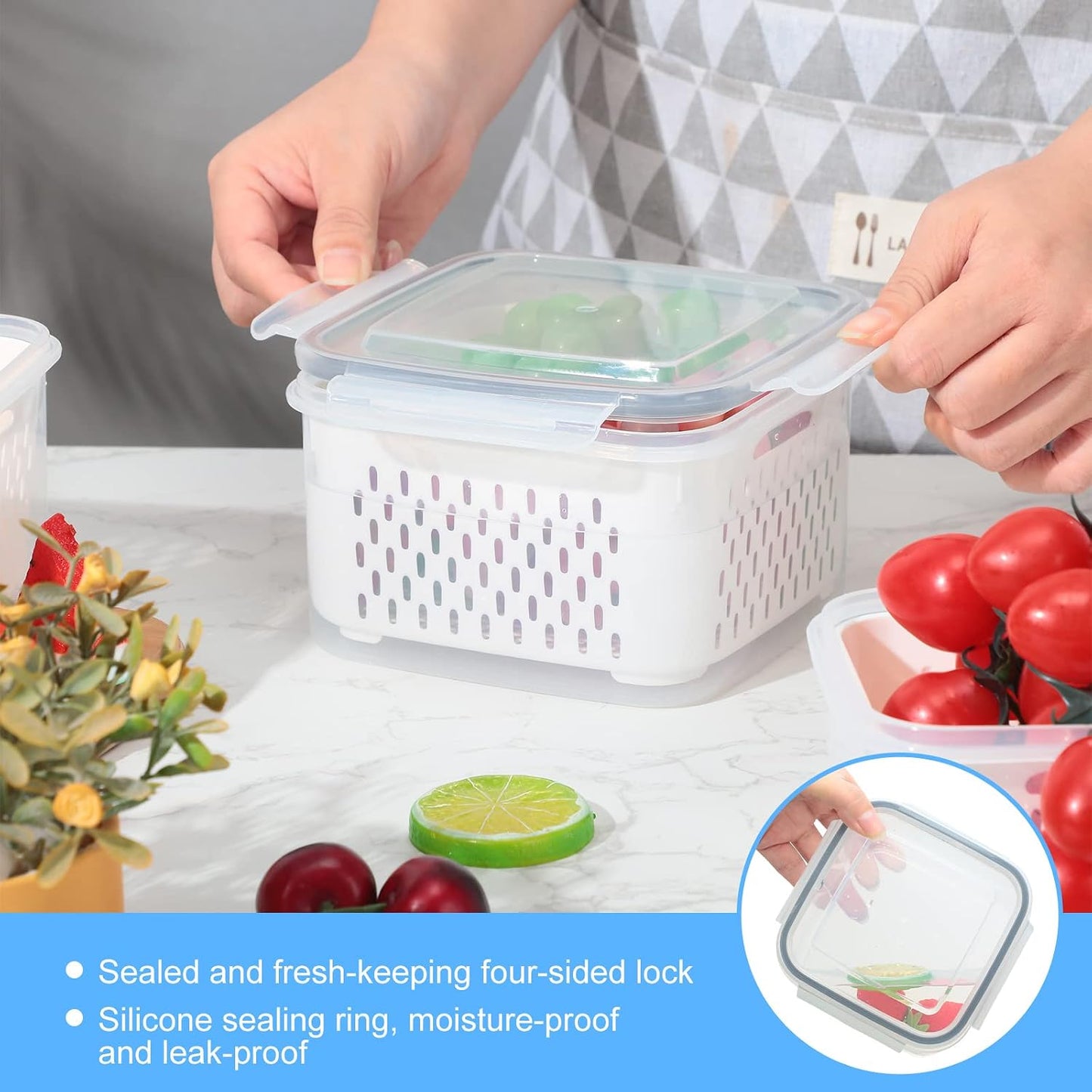 6 Pcs Fruit Storage Containers for Fridge, Food Storage Containers Berry Produce Fridge Organizer with Removable Colander Keep Fruits, Vegetable, Veggie, Meat Fresh Longer(Small, Medium, Large)
