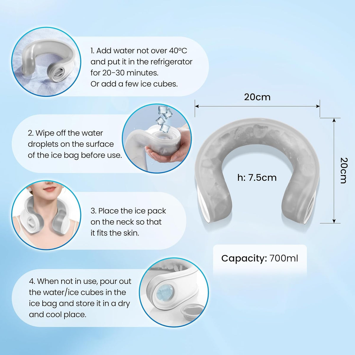 Neck Cooler for Hot Weather, Reusable Wearable Ice Water Neck Wrap with Wide Mouth for Ice Cubes, U-Shaped Cooling Neck Pack for Summer Heat, Outdoor Work, Sports, Travel & Hot Flashes, Blue