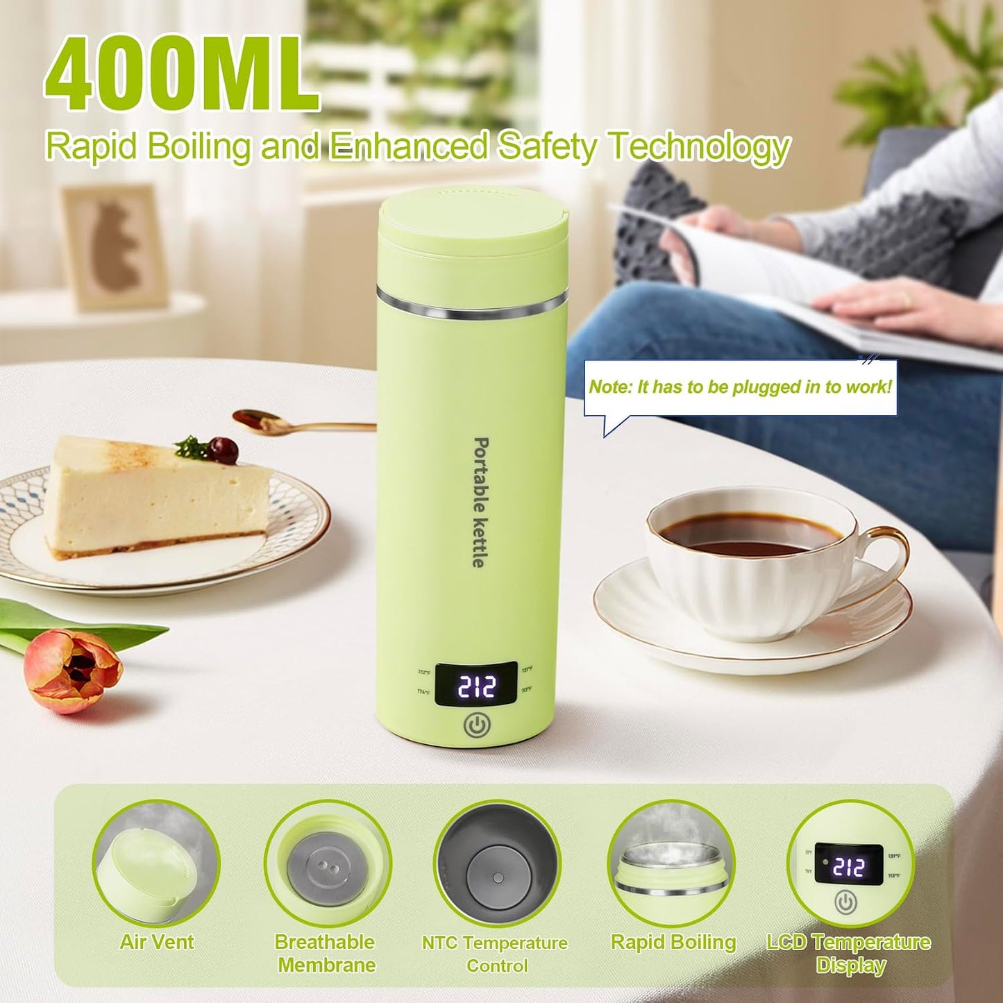 Touxila Portable Electric Kettle for Travel 120V, 13.5oz, 4 Temp Settings | 304 Stainless Steel Lining,Fast Boiling Water,Auto Shut-Off,Boil Dry Protection,Small Kettle for Office & Hotel(Beige, 400ML)